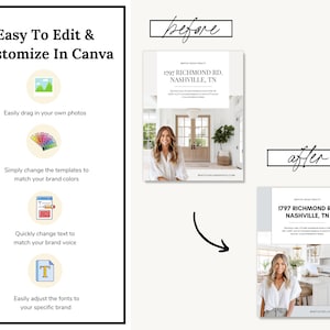 May include: A before and after image demonstrating how to easily customise a real estate listing in Canva. The before image shows a simple listing with a photo of a woman in front of a door. The after image shows a more visually appealing listing with a photo of a woman in a kitchen. The text on the listing reads "1797 Richmond Rd. Nashville, TN".