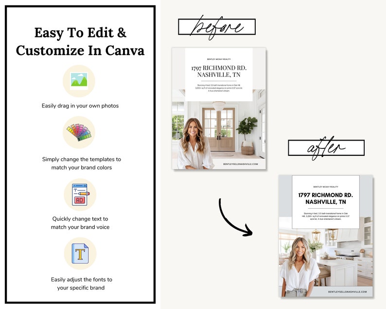 May include: A before and after image demonstrating how to easily customise a real estate listing in Canva. The before image shows a simple listing with a photo of a woman in front of a door. The after image shows a more visually appealing listing with a photo of a woman in a kitchen. The text on the listing reads "1797 Richmond Rd. Nashville, TN".