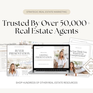 The image is an advertisement for a real estate marketing service, featuring a laptop displaying a presentation slide, brochures, and other real estate-related materials.
