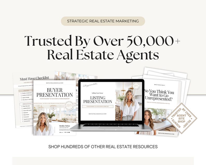 The image is an advertisement for a real estate marketing service, featuring a laptop displaying a presentation slide, brochures, and other real estate-related materials.