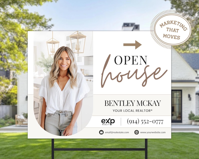 May include: A real estate open house sign with the text "OPEN house" in a stylish script. The sign features a photo of a smiling woman and contact information for Bentley McKay, a local realtor.