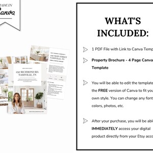 May include: A digital product listing for a real estate property brochure template. The image shows a preview of the template, which includes a photo of a house and the text "1707 RICHMOND RD., NASHVILLE, TN". The listing also includes a description of the product, which states that it is a 4-page Canva template that can be edited in the free version of Canva.