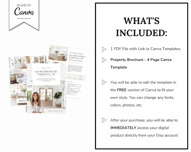 May include: A digital product listing for a real estate property brochure template. The image shows a preview of the template, which includes a photo of a house and the text "1707 RICHMOND RD., NASHVILLE, TN". The listing also includes a description of the product, which states that it is a 4-page Canva template that can be edited in the free version of Canva.