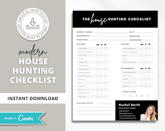 May include: A black and white printable house hunting checklist with a checklist for the home, features, neighborhood, and overall score. The checklist includes sections for curb appeal, exterior condition, floor plan, kitchen, living area, dining room, laundry room, master bedroom, extra bedrooms, garage, lot, backyard, roof, heating and AC, floor plan, laundry appliances, kitchen appliances, pool, patio, security system, surrounding homes, noise level, traffic, proximity to city, and schools. The checklist also includes a section for additional notes and a space for a real estate agent's contact information. The checklist is designed to help home buyers keep track of the important features of each house they view.
