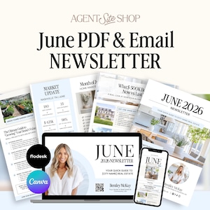 May include: A promotional image for a real estate newsletter. The image features a laptop and smartphone displaying a "June 2026 Newsletter" with a woman's photo. Several printed newsletters are arranged around the devices, with text including "Market Update" and "Home Maintenance".