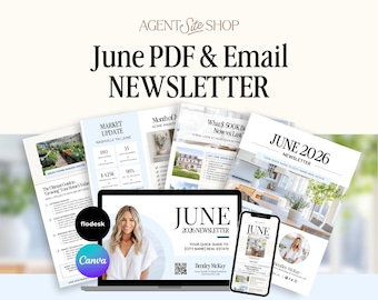 Plantilla de boletín informativo inmobiliario de junio / Marketing por correo electrónico para agentes inmobiliarios / Boletín informativo editable en Canva / Marketing inmobiliario de verano