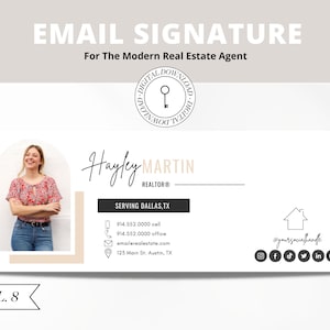 Może przedstawiać: Szablon podpisu e-mail dla agenta nieruchomości. Szablon zawiera zdjęcie kobiety, imię i nazwisko agenta, Hayley Martin, REALTOR®, oraz dane kontaktowe. Szablon zawiera również ikony mediów społecznościowych i tekst "Serving Dallas, TX".