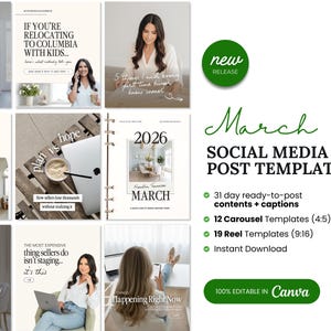 May include: A collection of social media post templates for March, featuring a variety of layouts with text and images. The templates include ready-to-post content, captions, carousel templates, reel templates, and instant download options. The design is 100% editable in Canva.