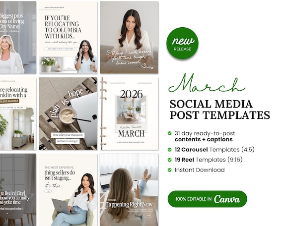 March Real Estate Social Media Content Canva Bundle + Captions | Real Estate Agent Instragram Content | Real Estate Marketing Canva Template
