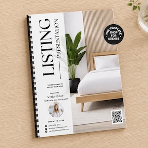 Könnte beinhalten: Eine spiralgebundene Immobilien-Präsentationsmappe mit weißem Einband und schwarzem Text, der LISTING PRESENTATION, YOUR ROADMAP TO SELLING YOUR HOME und Bentley McKay lautet. Sie enthält ein kreisförmiges Foto, Social-Media-Symbole und einen QR-Code.