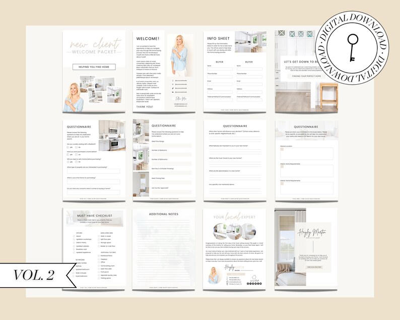 May include: A digital download welcome pack for new clients, featuring a checklist, questionnaires, and an information sheet. The pack is designed to help clients find their home.