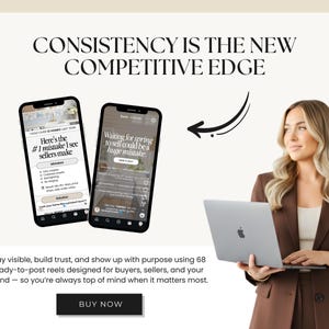 a woman holding a laptop and a smartphone, both displaying a product or service related to real estate. The woman is wearing a brown jacket and appears to be in a professional setting.