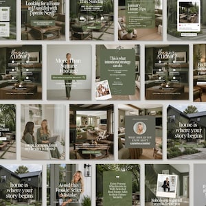 May include: A collection of social media graphics for real estate marketing featuring olive green and white color schemes. The images display interior home designs, exterior house views, text overlays, and professional portraits of a real estate agent.