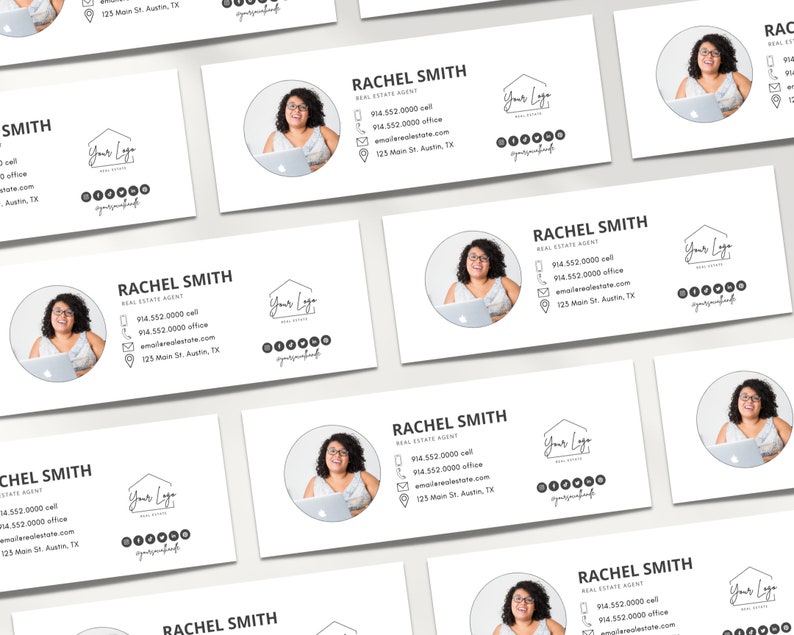 May include: A white business card with black text for a real estate agent named Rachel Smith. The card includes her phone number, email address, and website. A headshot of Rachel Smith is in the upper left corner of the card.