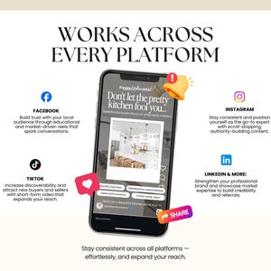 The image is a promotional graphic for a real estate platform that encourages users to engage with the platform across various social media and online platforms. It features a smartphone displaying a real estate listing, along with icons for Facebook, Instagram, and LinkedIn. The text on the image highlights the benefits of using the platform, such as building trust with local buyers, increasing discoverability, and connecting with industry experts.