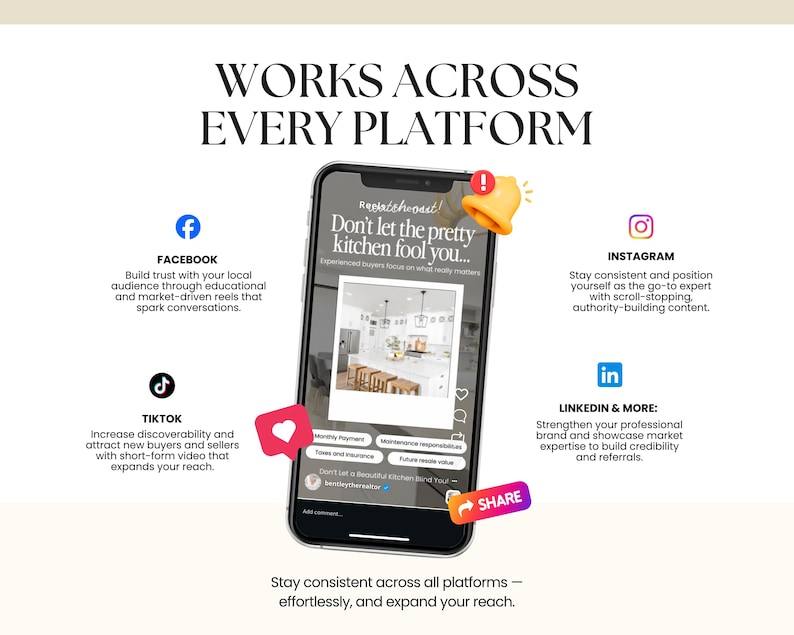 The image is a promotional graphic for a real estate platform that encourages users to engage with the platform across various social media and online platforms. It features a smartphone displaying a real estate listing, along with icons for Facebook, Instagram, and LinkedIn. The text on the image highlights the benefits of using the platform, such as building trust with local buyers, increasing discoverability, and connecting with industry experts.