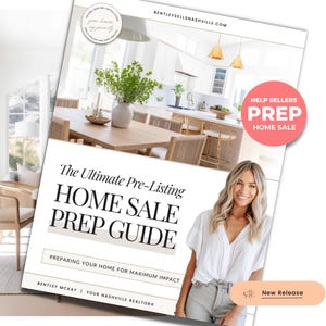 May include: A pink and white guide titled "The Ultimate Pre-Listing Home Sale Prep Guide" with the text "Help Sellers Prep Home Sale" in a circle. The guide is open to a page with a photo of a woman and a kitchen.