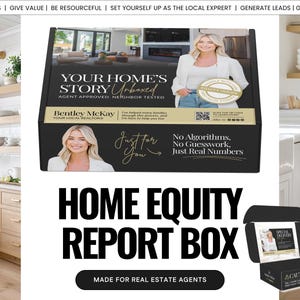 May include: A black box with the text "YOUR HOME'S STORY Unboxed" and a photo of a woman. It also says "Bentley McKay, Your Local Realtor" and "Home Equity Report Box". The box is for real estate agents.