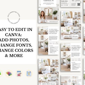 May include: A digital template for real estate listings, featuring a collage of photos of a house interior, a realtor's headshot, and text that says "Easy to edit in Canva: Add photos, change fonts, change colours & more".