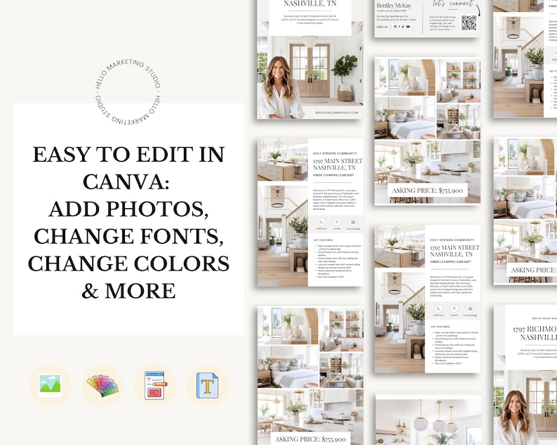 May include: A digital template for real estate listings, featuring a collage of photos of a house interior, a realtor's headshot, and text that says "Easy to edit in Canva: Add photos, change fonts, change colours & more".