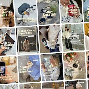 Puede incluir: Una cuadrícula de veinte gráficos para redes sociales con fotografías de estilo de vida, que incluyen computadoras portátiles, tazas de café, teléfonos inteligentes y superposiciones de texto con títulos como How Content Sells, Grow Smarter y Content That Builds Trust.