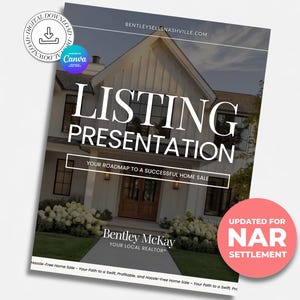 Peut inclure: Une présentation de vente immobilière avec une image de maison. Le titre "LISTING PRESENTATION" est affiché. Le texte supplémentaire comprend "YOUR ROADMAP TO A SUCCESSFUL HOME SALE" et "Bentley McKay YOUR LOCAL REALTOR". Un cercle rose indique "UPDATED FOR NAR SETTLEMENT".