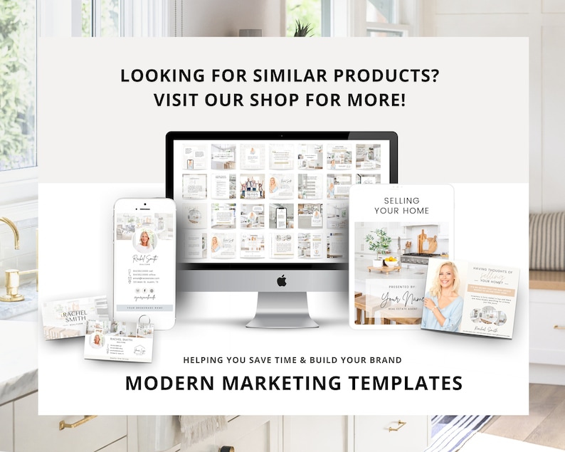 May include: A collection of modern marketing templates for real estate agents. The templates include social media posts, email templates, and more. The templates are designed to help real estate agents save time and build their brand.