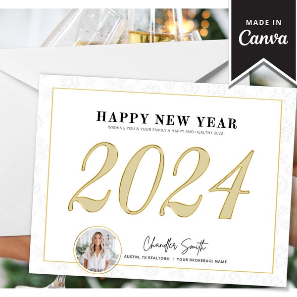 Real Estate Happy New Year Postcard | Business New Year Card | Real Estate Canva Template | Holiday Farming | 2024 Real Estate Card | Winter