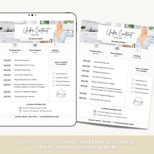 May include: A timeline checklist for a real estate transaction. The checklist includes dates, tasks, and a section for what to bring to closing. The checklist is titled "Under Contract Timeline" and includes the address "133 Main Street".