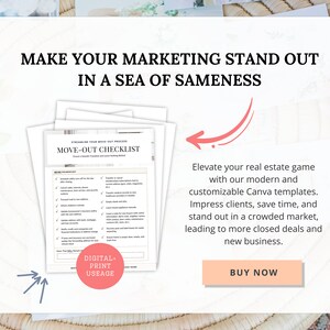 May include: A white and pink marketing flyer with the text "Make Your Marketing Stand Out In A Sea Of Sameness". The flyer features a checklist titled "Move-Out Checklist" and a button that says "Buy Now".