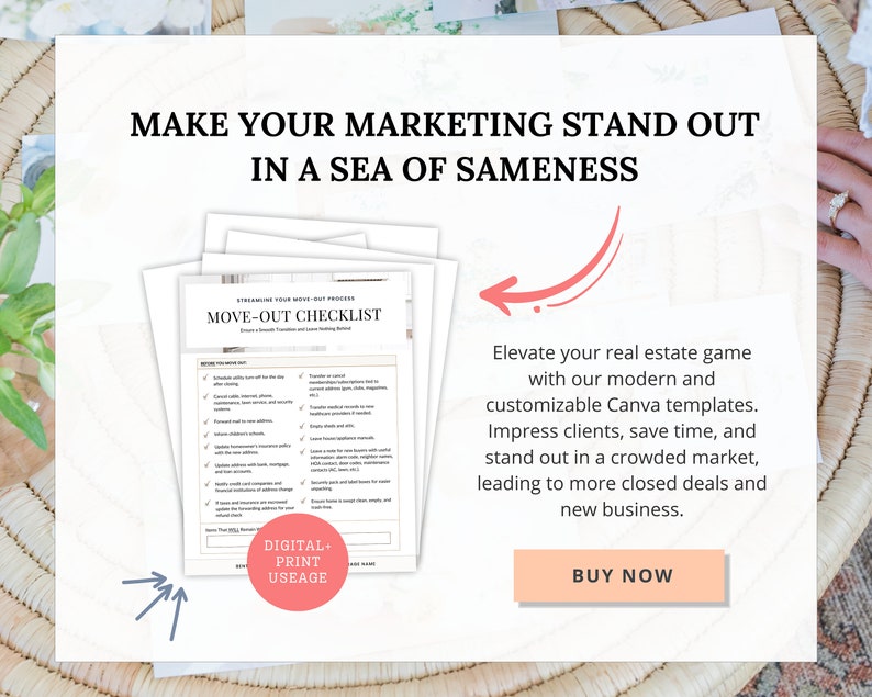 May include: A white and pink marketing flyer with the text "Make Your Marketing Stand Out In A Sea Of Sameness". The flyer features a checklist titled "Move-Out Checklist" and a button that says "Buy Now".