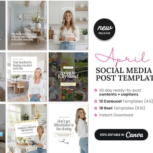May include: A promotional graphic for April social media post templates. The design features a collection of images with text overlays, a "New Release" badge, and a pink "April" title. The templates include ready-to-post content, captions, and are editable in Canva.