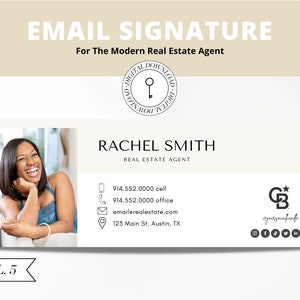 May include: Email signature template for a real estate agent. The template features a photo of a woman, contact information, and a logo with the initials "GB". The text "EMAIL SIGNATURE" and "For The Modern Real Estate Agent" is at the top of the template. The text "VOL. 5" is at the bottom of the template.