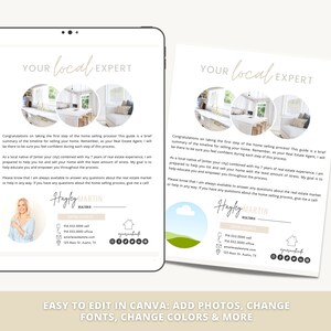 May include: A digital marketing template for a real estate agent. The template features a photo of a kitchen, a headshot of the agent, and contact information. The text reads "Your Local Expert" and "Hayley Martin, Realtor".