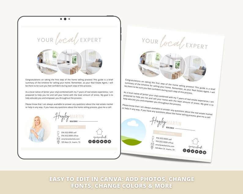 May include: A digital marketing template for a real estate agent. The template features a photo of a kitchen, a headshot of the agent, and contact information. The text reads "Your Local Expert" and "Hayley Martin, Realtor".