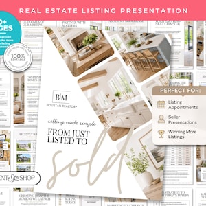 Könnte beinhalten: Eine Immobilien-Präsentationsvorlage mit über 40 bearbeitbaren Seiten. Das Design enthält Innenraumfotografien, Textüberschriften wie "From Just Listed to Sold" sowie Abschnitte für Besichtigungstermine und Verkäuferpräsentationen.