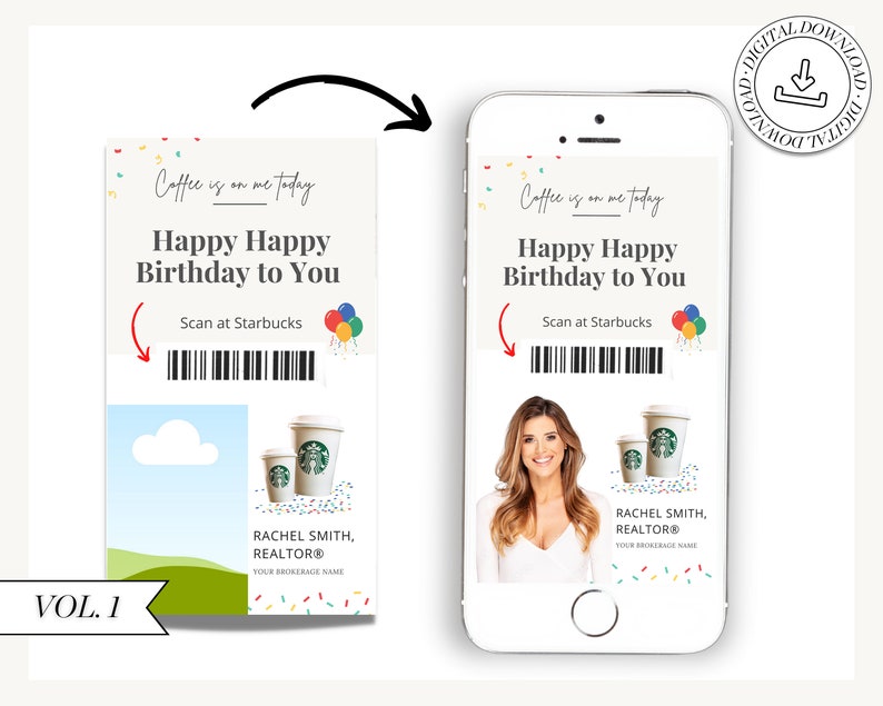 May include: A digital birthday card with a Starbucks gift card. The card has a colorful confetti background and the text "Coffee is on me today. Happy Happy Birthday to You. Scan at Starbucks."  The card also features a photo of a woman and a Starbucks logo.