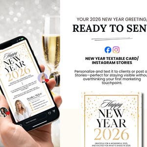 May include: A smartphone displays a New Year's greeting card for 2026, with the text "Happy New Year 2026." The card features gold confetti and is ready to send. The image also includes the text "New Year Textable Card/ Instagram Stories."
