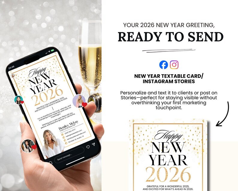 May include: A smartphone displays a New Year's greeting card for 2026, with the text "Happy New Year 2026." The card features gold confetti and is ready to send. The image also includes the text "New Year Textable Card/ Instagram Stories."