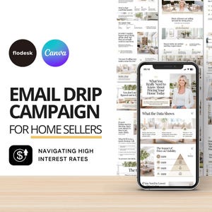 May include: A promotional image for an email drip campaign for home sellers. The image features a smartphone displaying a real estate marketing presentation. The text includes "Email Drip Campaign for Home Sellers" and "Navigating High Interest Rates."