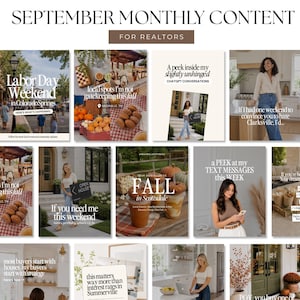 May include: A digital collection of social media templates for realtors titled SEPTEMBER MONTHLY CONTENT FOR REALTORS. The grid displays various lifestyle images, interior home shots, and seasonal graphics with text overlays about fall events.