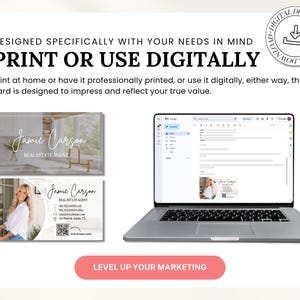 May include: A digital download marketing template for real estate agents featuring two business card designs with the name Jamie Carson, contact details, and a QR code, displayed alongside a laptop screen showing an email with the card attached.