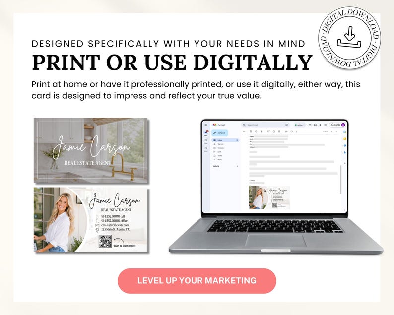 May include: A digital download marketing template for real estate agents featuring two business card designs with the name Jamie Carson, contact details, and a QR code, displayed alongside a laptop screen showing an email with the card attached.