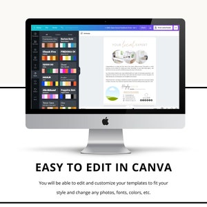 May include: A computer screen displaying a Canva design template for a local expert business card. The template features a light grey background with a white circle containing a photo of a bathroom. The text "YOUR Local EXPERT" is in a black sans-serif font. The template also includes a section for contact information and a rating system. The screen is showing the Canva editing tools, including a colour palette and font options.