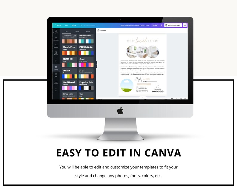 May include: A computer screen displaying a Canva design template for a local expert business card. The template features a light grey background with a white circle containing a photo of a bathroom. The text "YOUR Local EXPERT" is in a black sans-serif font. The template also includes a section for contact information and a rating system. The screen is showing the Canva editing tools, including a colour palette and font options.