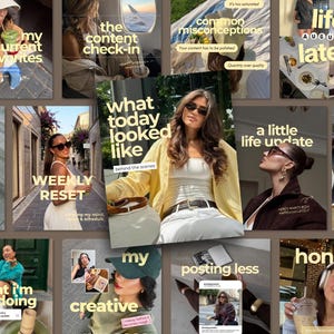 May include: A collage of social media post templates featuring various lifestyle images, including a person in a yellow shirt, a person in a teal sweater, and a person with headphones, all overlaid with white text such as what today looked like.