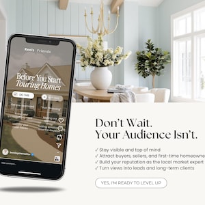 The image is an advertisement for a real estate app called "Beats Friends". It features a smartphone displaying the app's interface, with a background of a dining room and a vase of flowers. The app's message encourages users to stay visible and top of mind, attract potential buyers, sellers, and first-time homeowners, and build their reputation as the local market expert. The app also suggests turning views into leads and long-term clients.