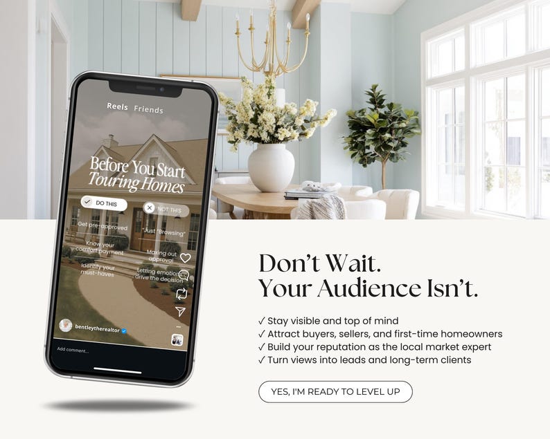 The image is an advertisement for a real estate app called "Beats Friends". It features a smartphone displaying the app's interface, with a background of a dining room and a vase of flowers. The app's message encourages users to stay visible and top of mind, attract potential buyers, sellers, and first-time homeowners, and build their reputation as the local market expert. The app also suggests turning views into leads and long-term clients.