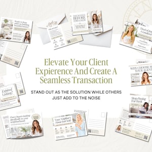 May include: A collection of postcards and envelopes with real estate marketing themes. The postcards feature images of homes, text, and headshots of a real estate agent. The text includes phrases like "Elevate Your Client Experience" and "Expired Listing?"