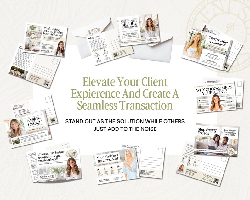 May include: A collection of postcards and envelopes with real estate marketing themes. The postcards feature images of homes, text, and headshots of a real estate agent. The text includes phrases like "Elevate Your Client Experience" and "Expired Listing?"